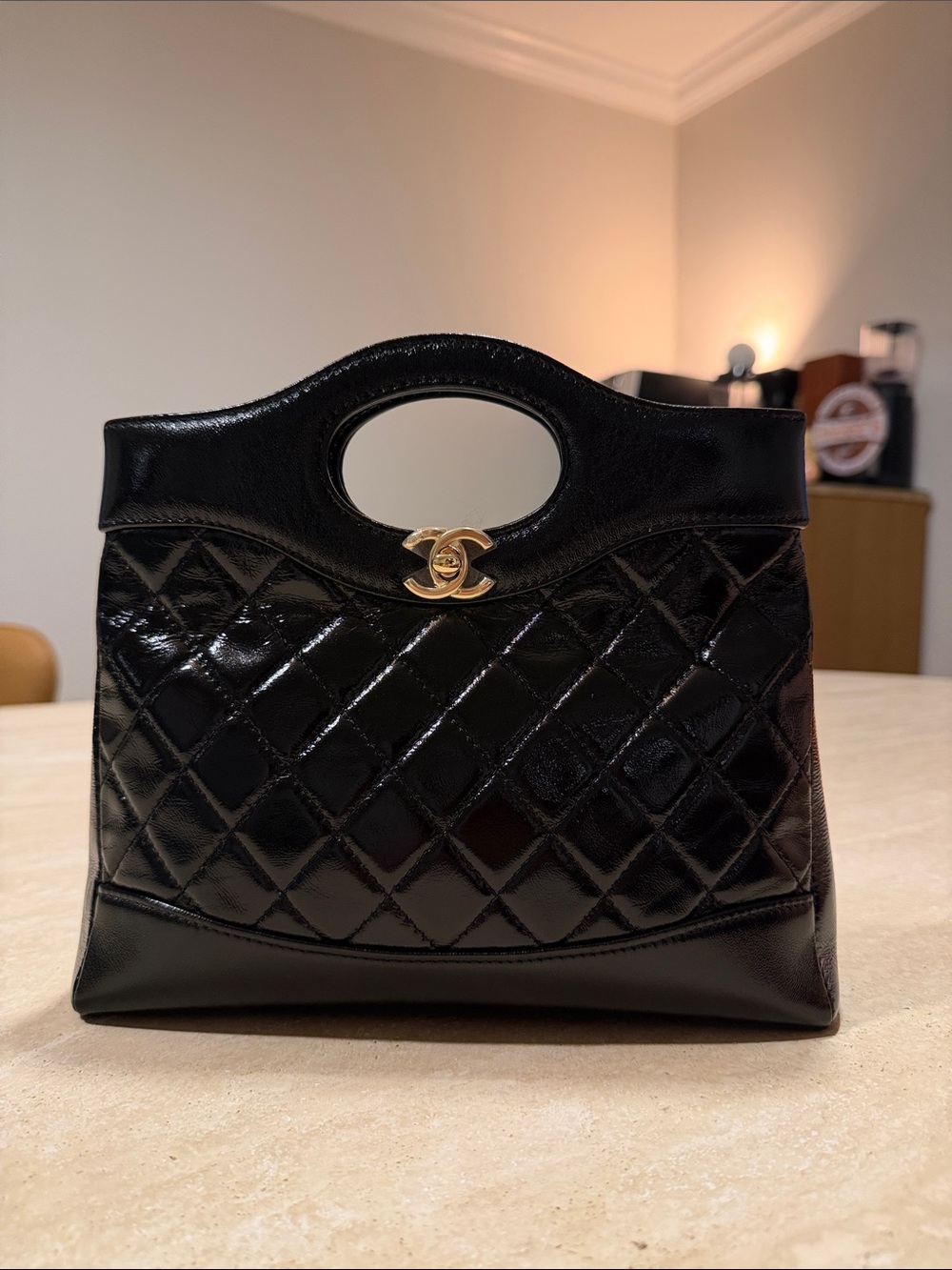 NEW CHANEL Shiny Calf Quilted Mini / Small 31 Shopping Bag Black Gold Hardware